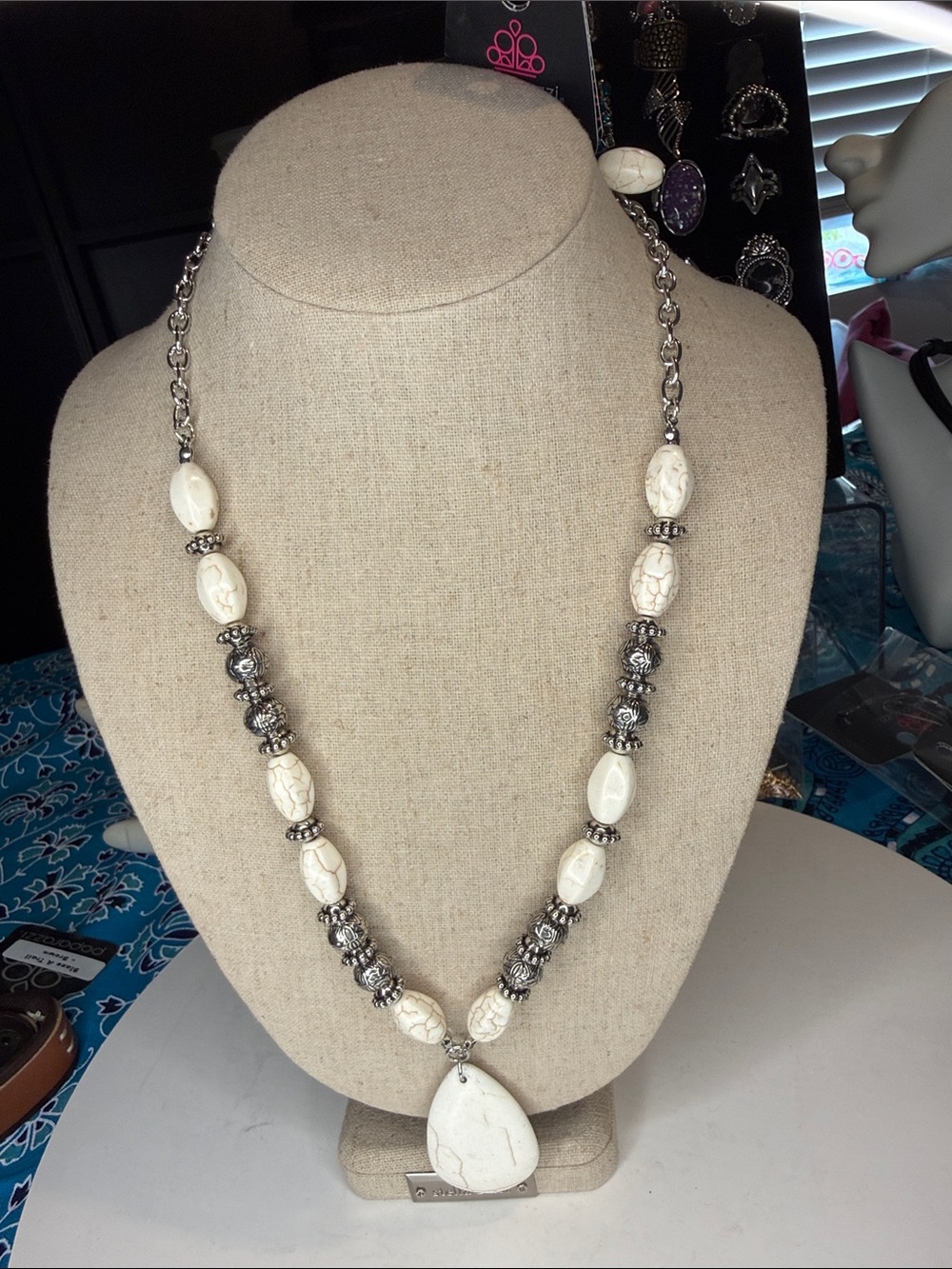 paparazzi White Stone Teardrop Pendant Necklace with Silver Accents